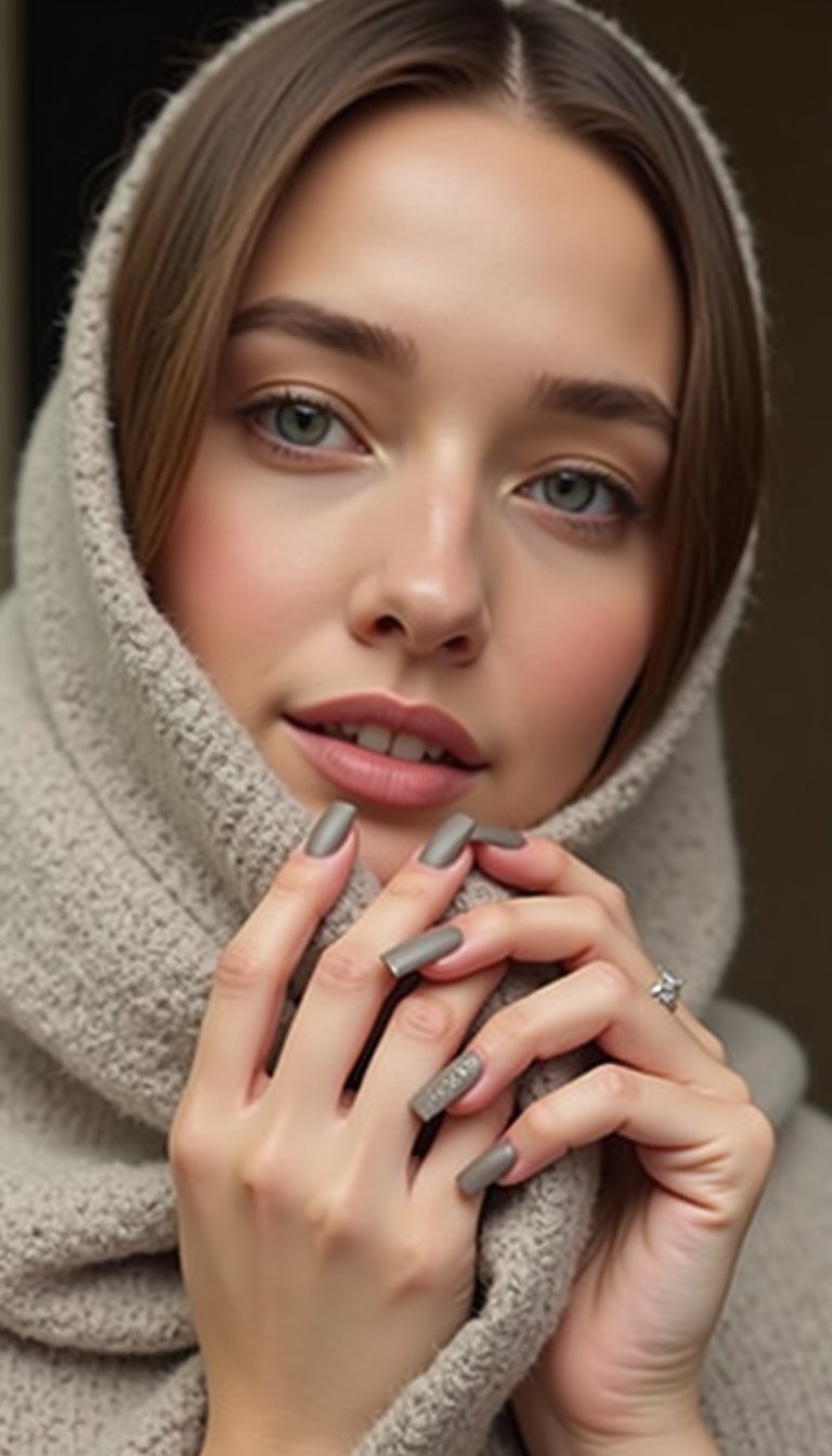 Chrome Flake Accent On Neutral Matte Nails