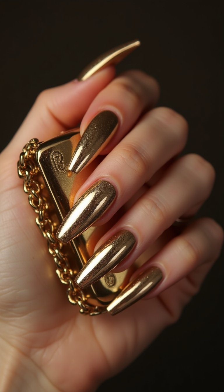 Gold Mirror Chrome Aura For Glam Coffin Nails