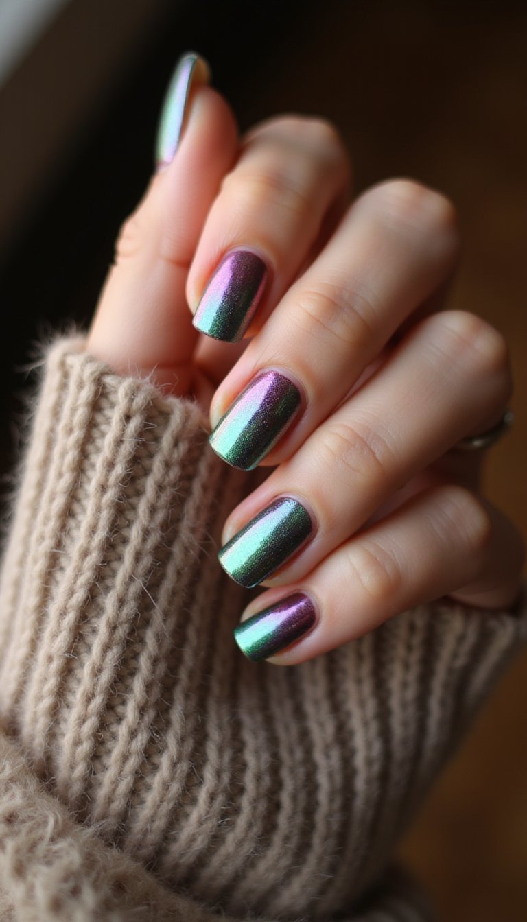 Iridescent Aurora Chrome For Short Rounded Nails