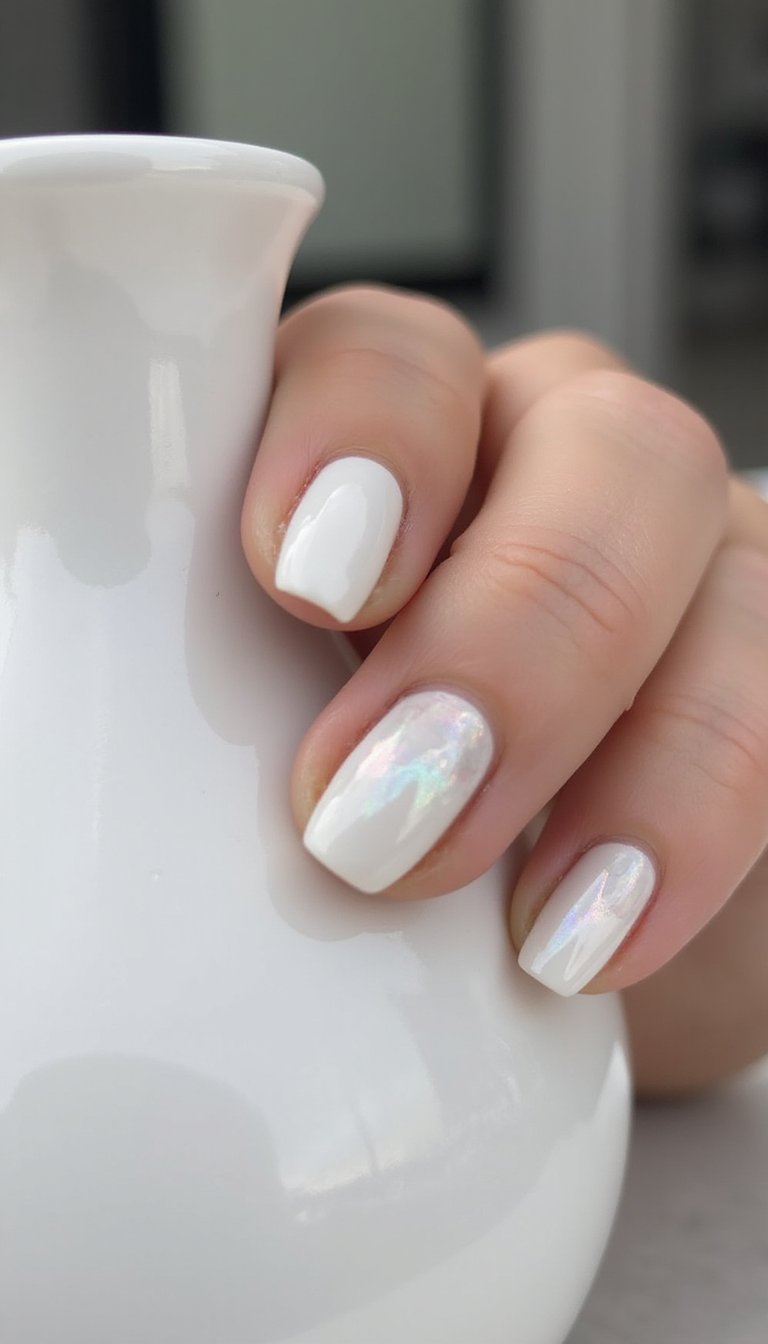 Pearlescent White Chrome Marble Accent Nails