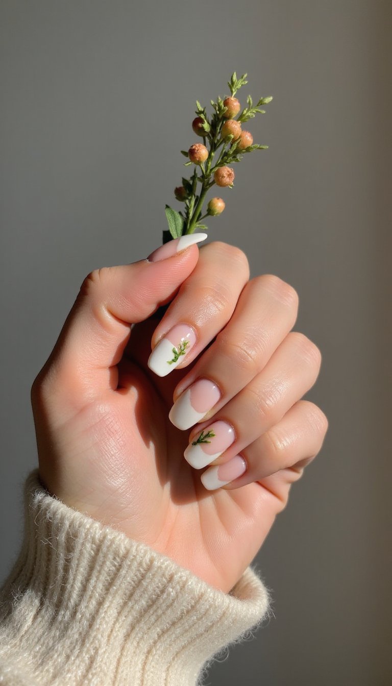Botanical Leaf Negative Space French Tips