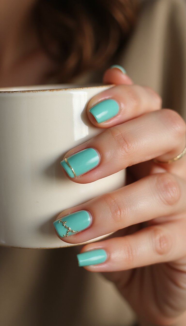 Matte Teal Almond Nails With Minimal Accents