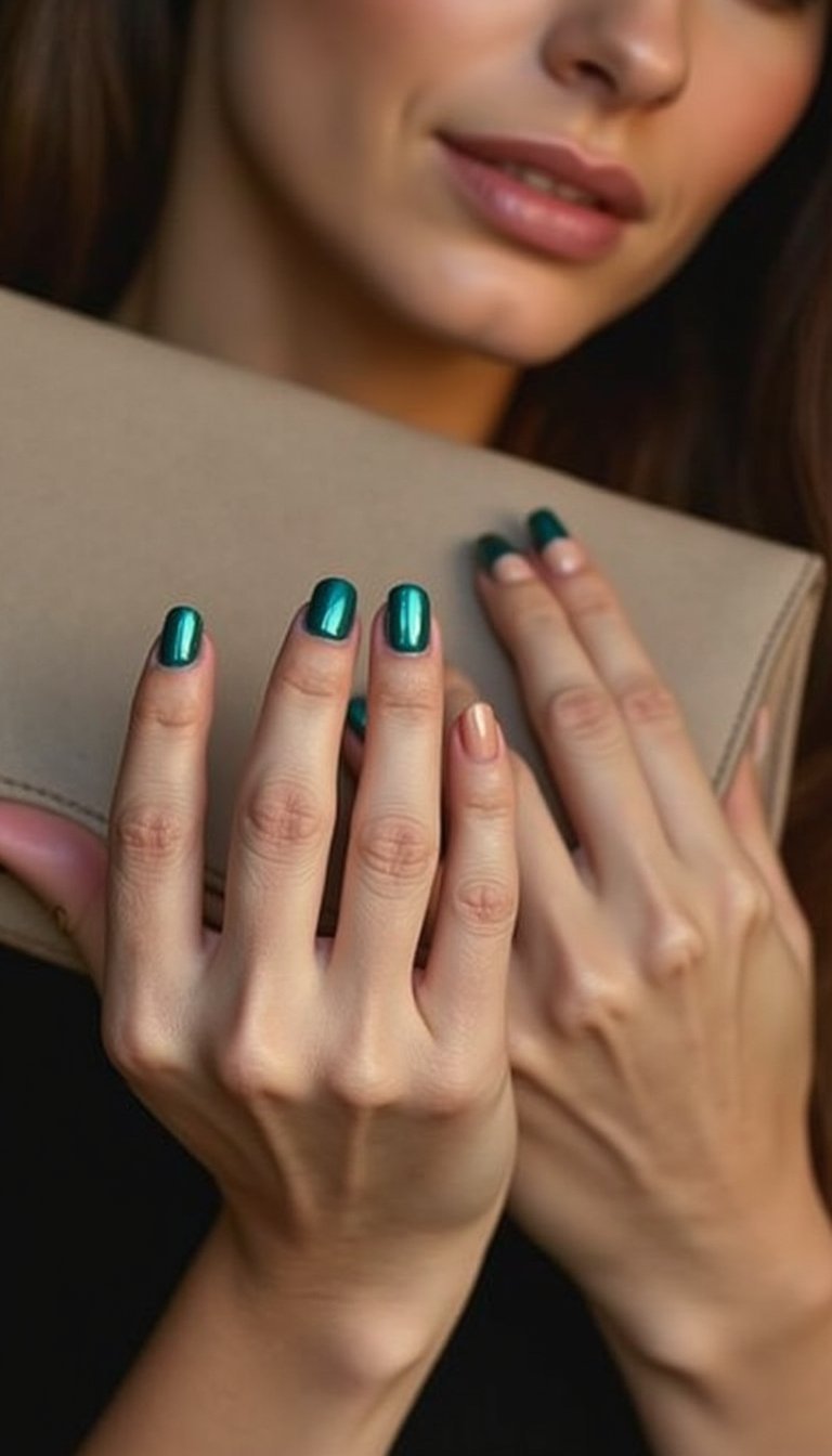 Teal Chrome Tips On Nude Base For Modern Vibes