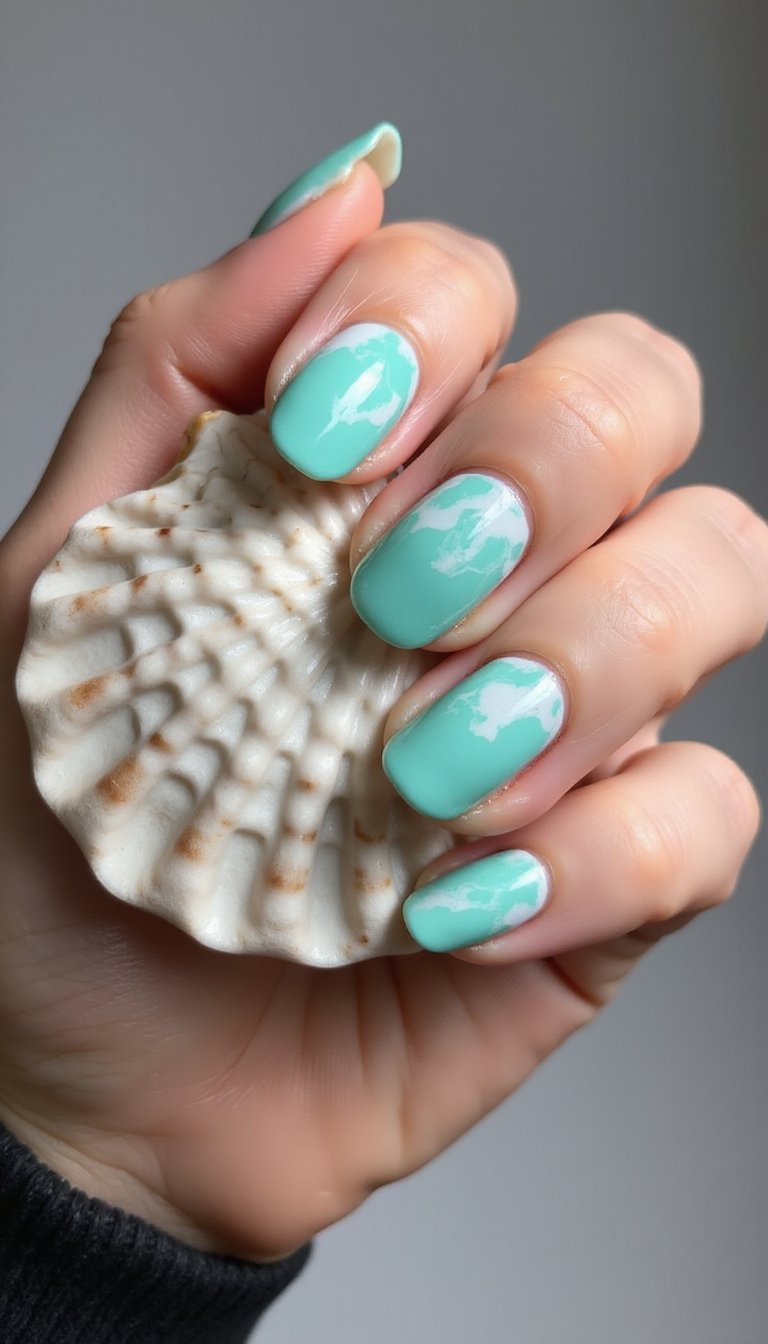Teal Wave Watercolor Nails For Dreamy Flair
