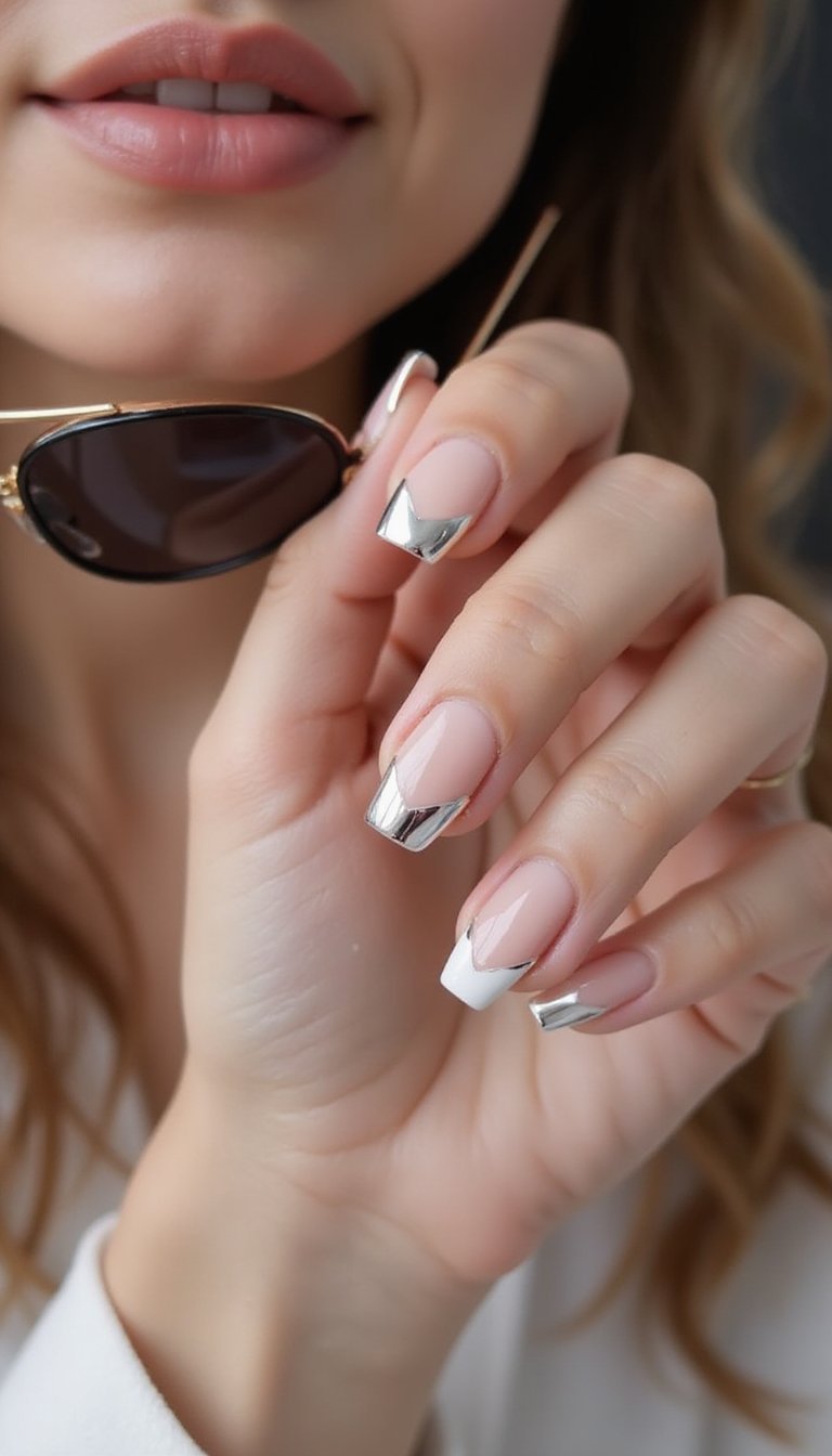 Chrome Mirror V Tips On Almond Nails