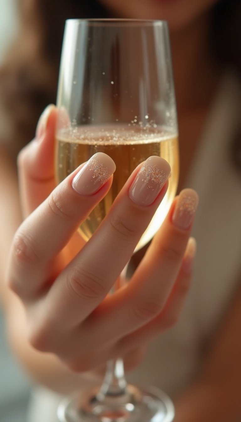 Champagne Nude Velvet Cat Eye With Sparkle Tips