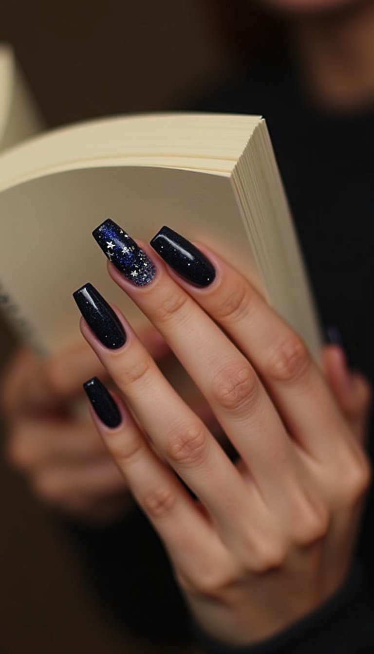 Navy Velvet Cat Eye With Starry Glitter Tips