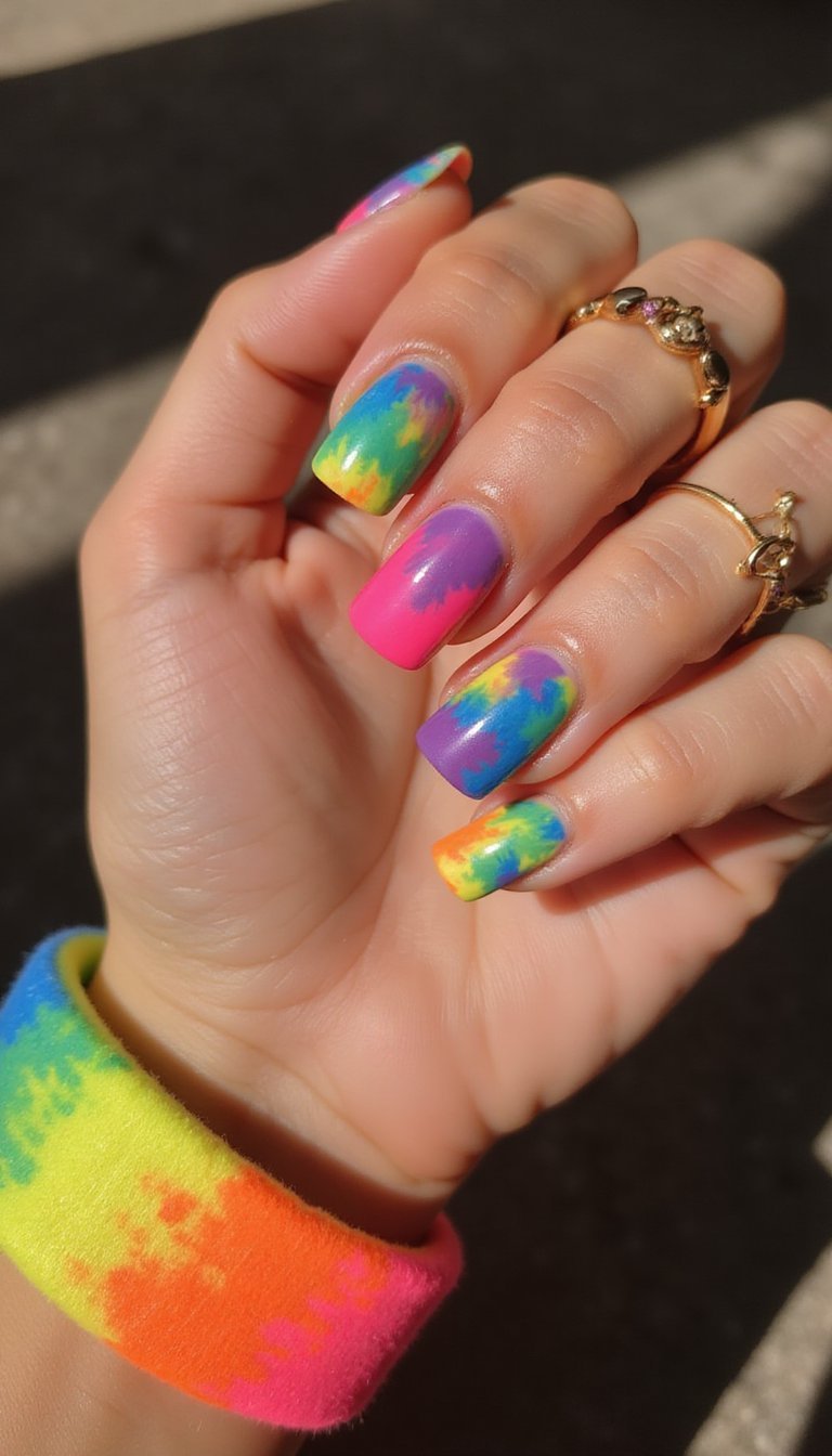 Neon Tie-Dye Rainbow Festival Nails