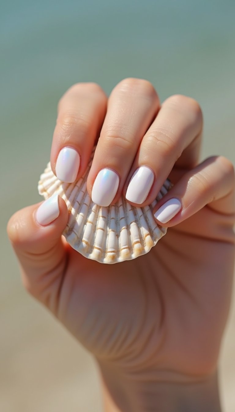 Pearly Iridescent Shell Nails For Beach Stages