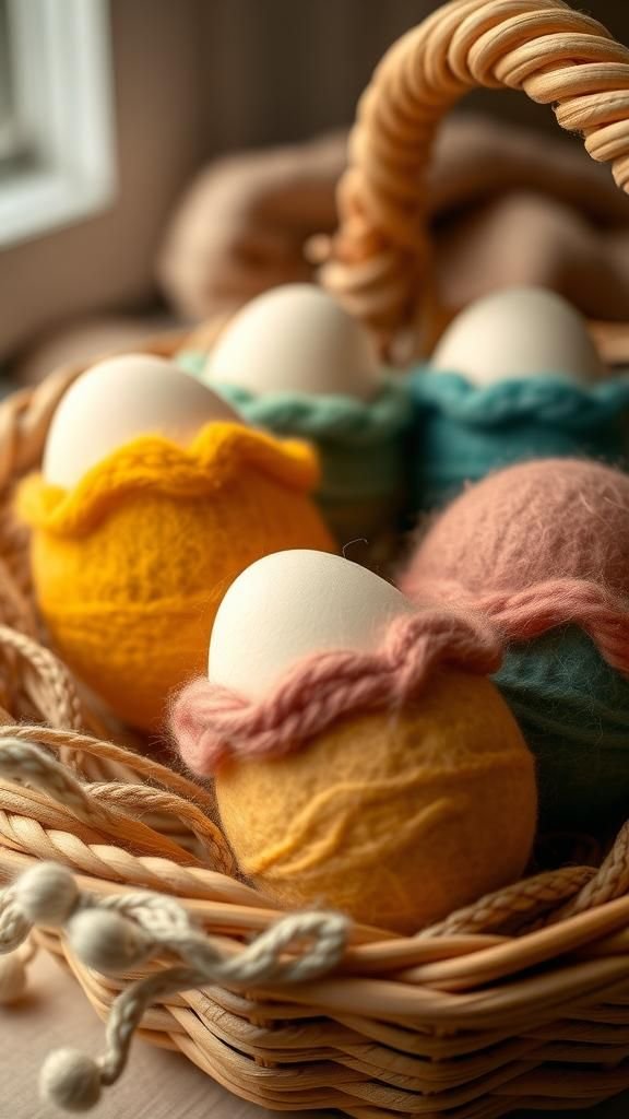 Felted wool egg cozies in bright, cozy colors