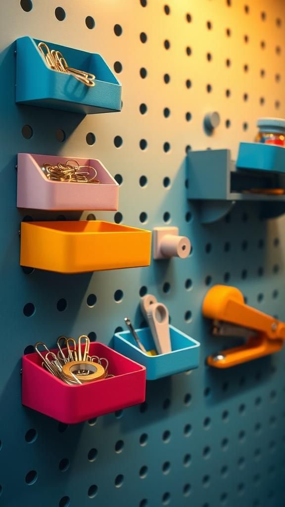 Painted pegboard trays for desk odds and ends