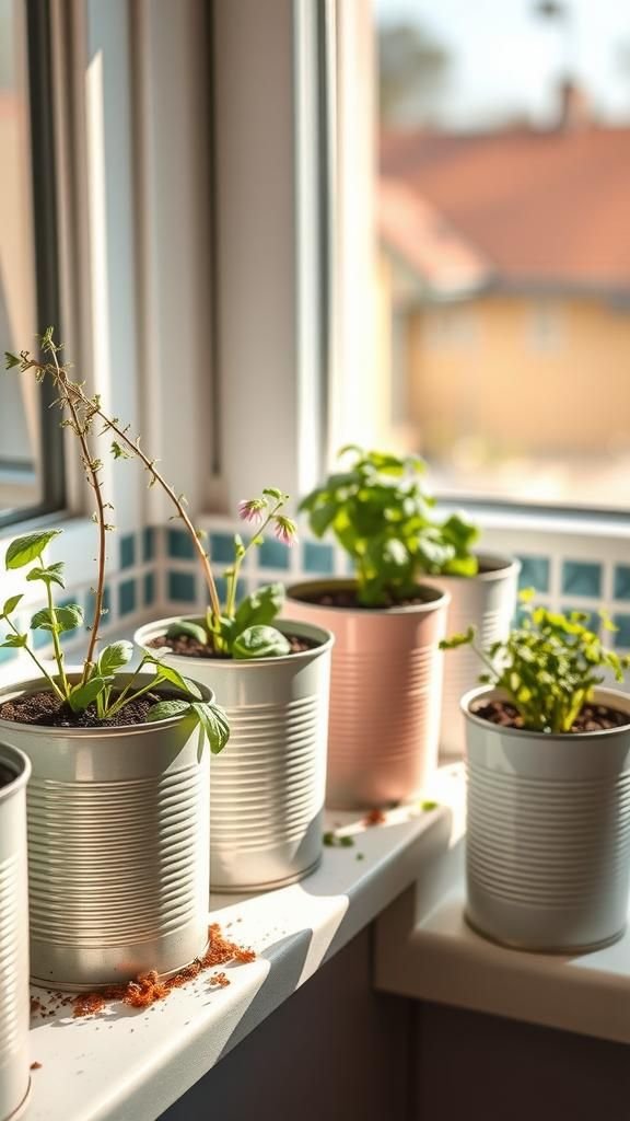 Upcycled tin can herb planters on a window ledge