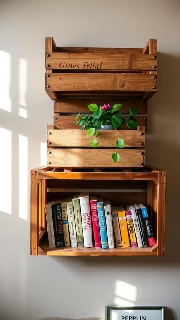 Upcycled wine crate shelving with character