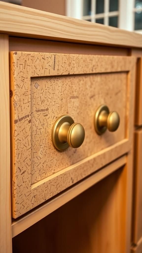 Brass-accented cork drawer pulls for cabinets