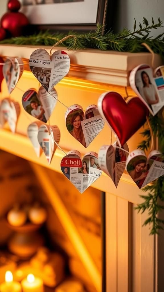 Recycled magazine heart garland brightens rooms