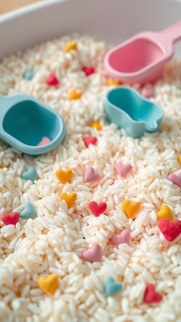 Sensory rice bins with hidden heart surprises