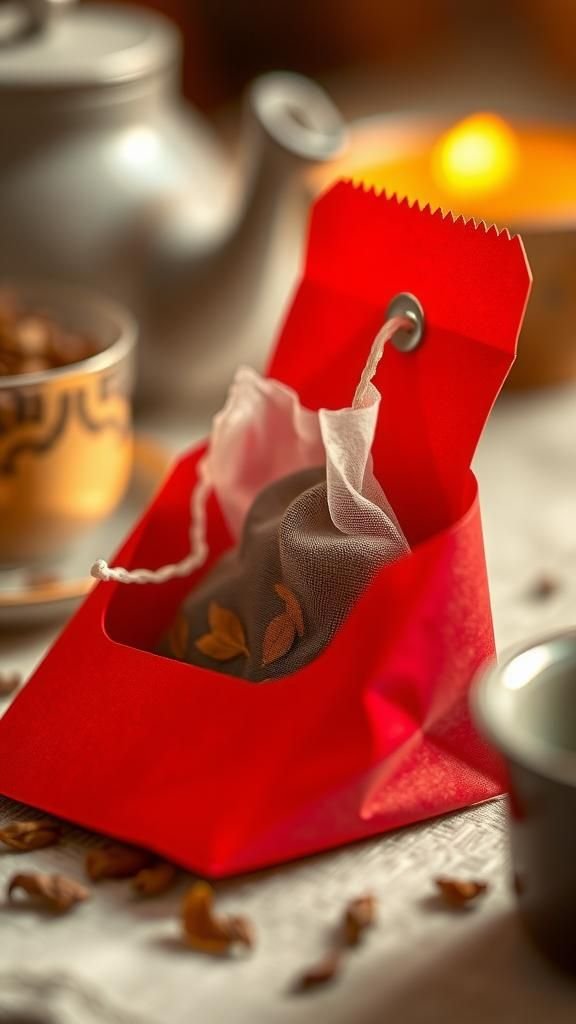 Aromatic tea sachet tucked inside a red sleeve