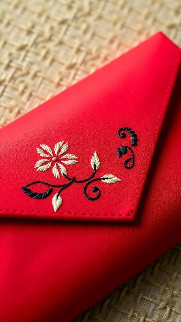 Embroidered fabric envelope with silk thread motifs