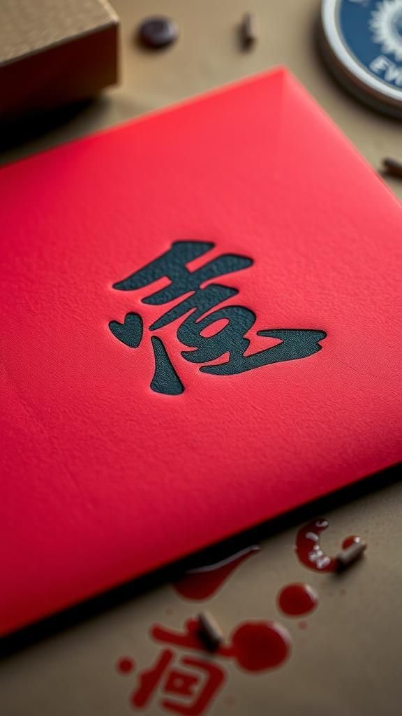 Hand-stamped lucky character on rough-textured envelope