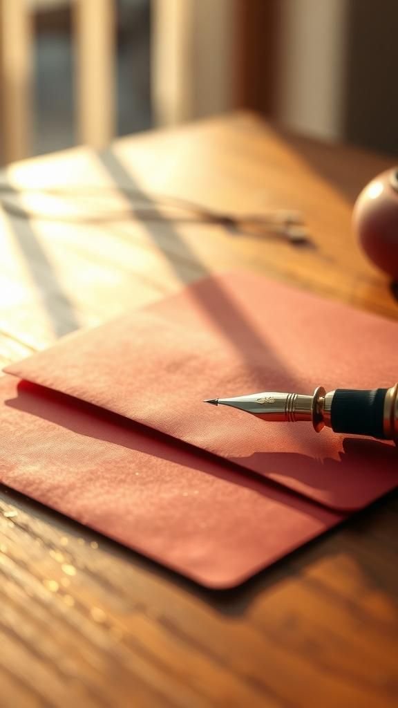 Handwritten gold calligraphy on crimson paper envelopes