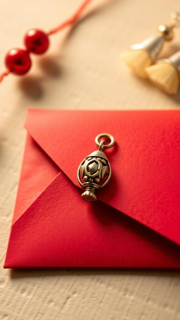 Tiny lantern charm closure on a pocket envelope
