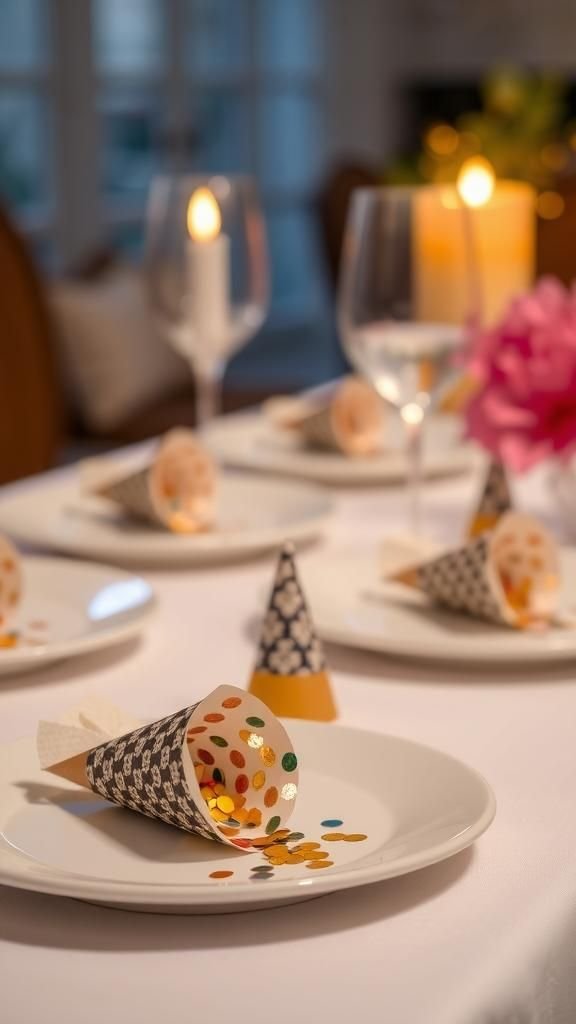 Mini confetti cones that sit on dessert plates