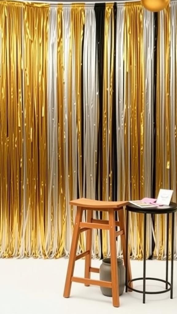Photo booth backdrop of layered metallic fringe