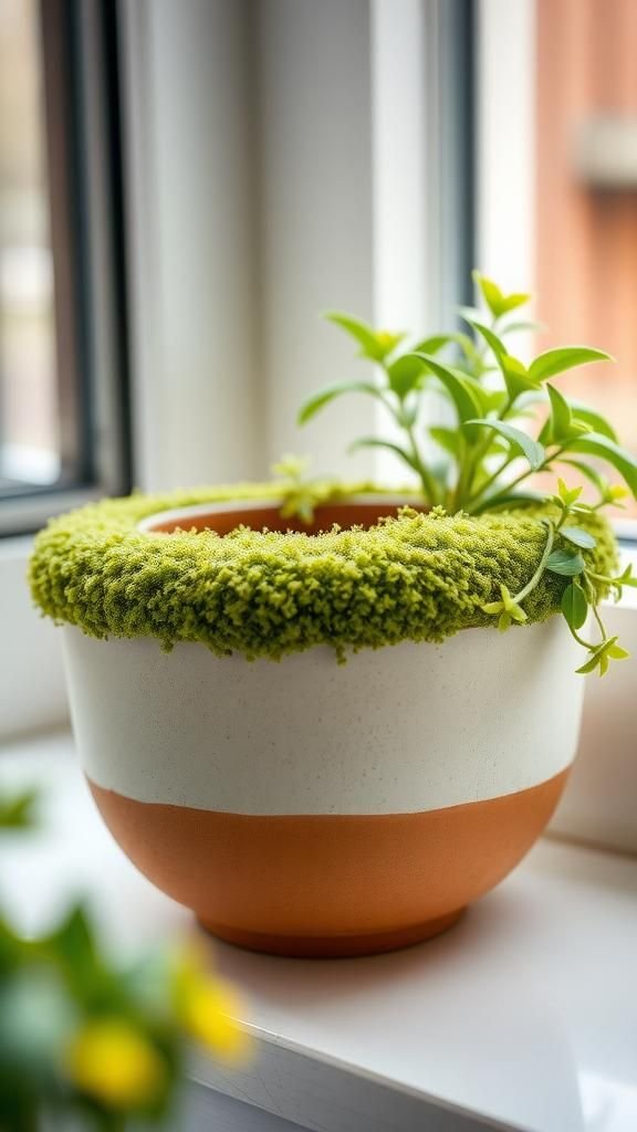 Moss-adorned planter for ceramic pots