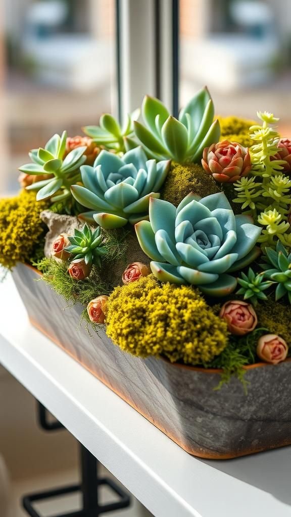 Moss and succulents: a mixed-texture planter scene