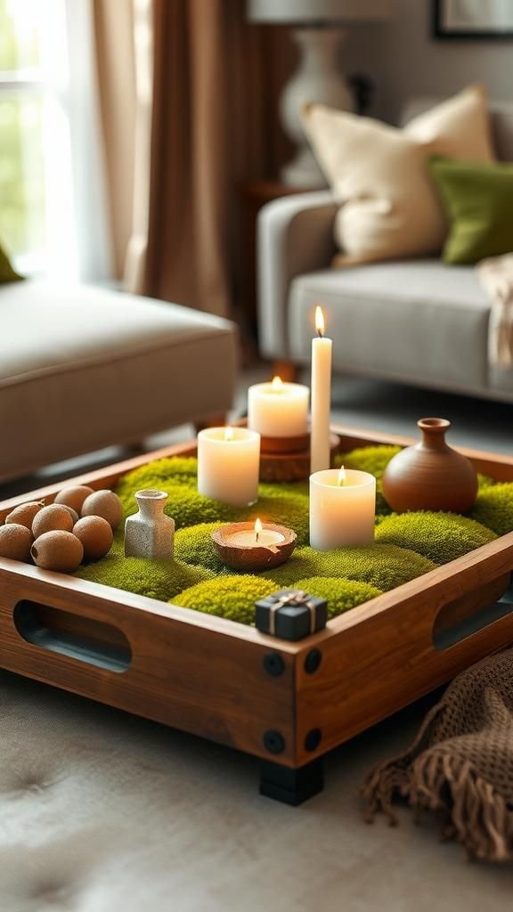 Moss runner in a wooden tray for coffee table charm