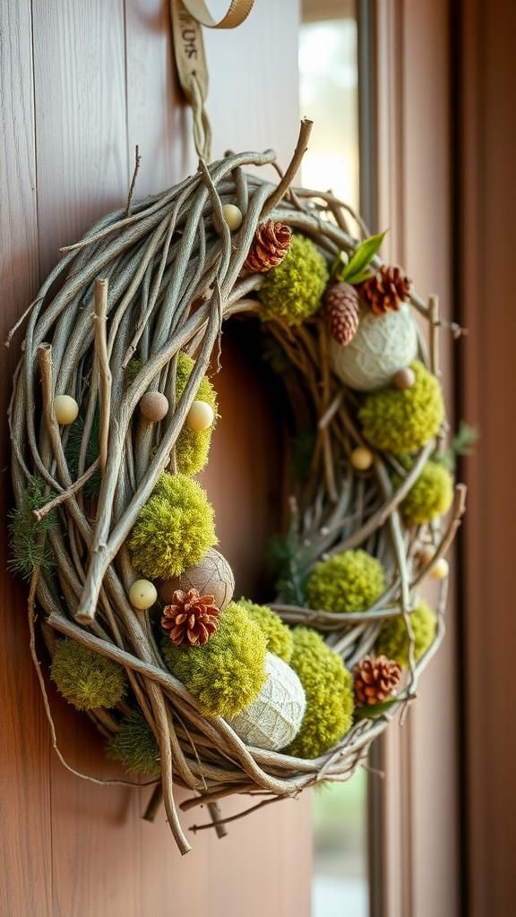 Rustic wreath with mixed moss textures and twigs