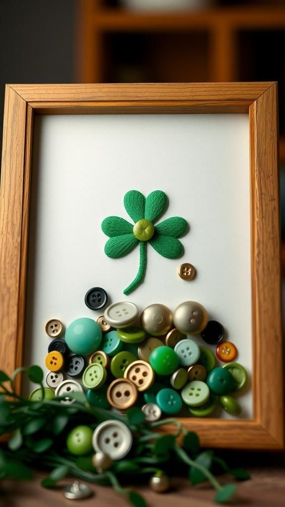 Button shamrock art framed on textured cardstock