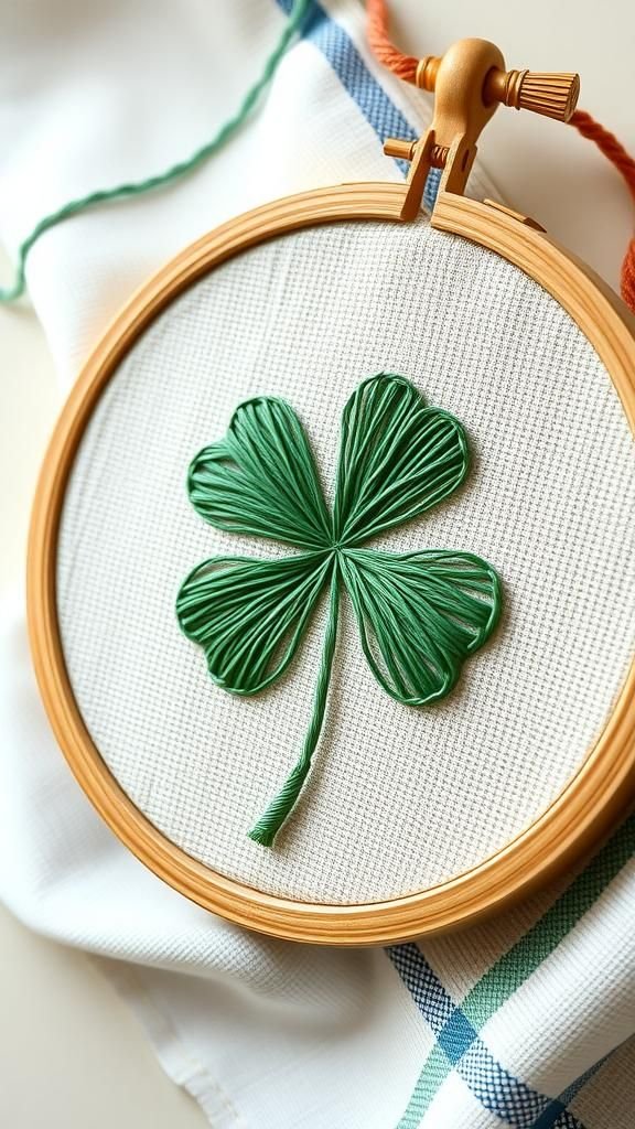 Embroidery hoop shamrock with delicate stitching