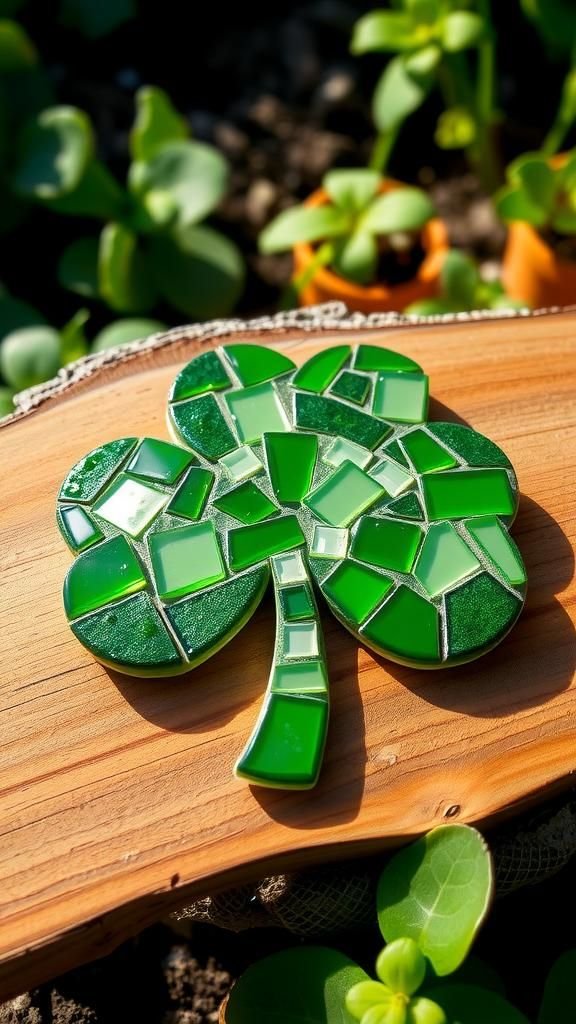 Mosaic shamrock from broken tiles and glass