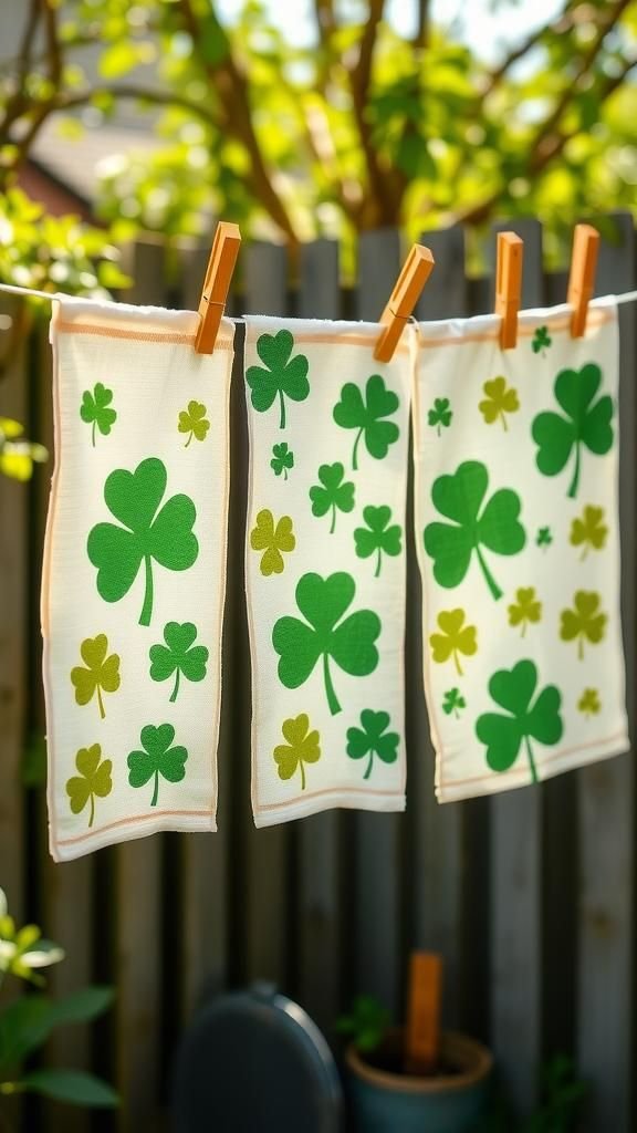 Potato stamp shamrock printed tea towels