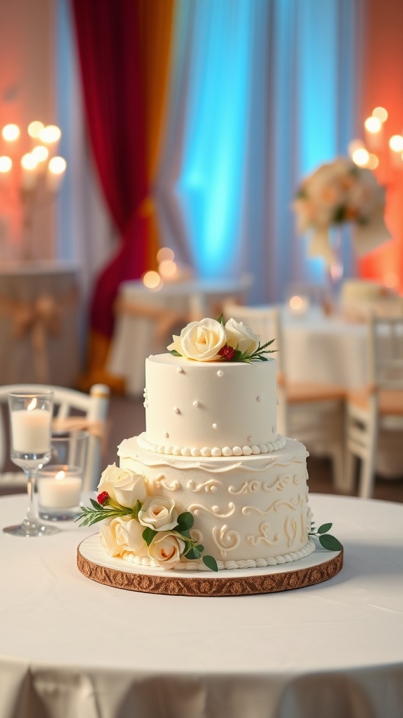 A small, elegant wedding cake with white frosting, decorative details, and roses on a table.
