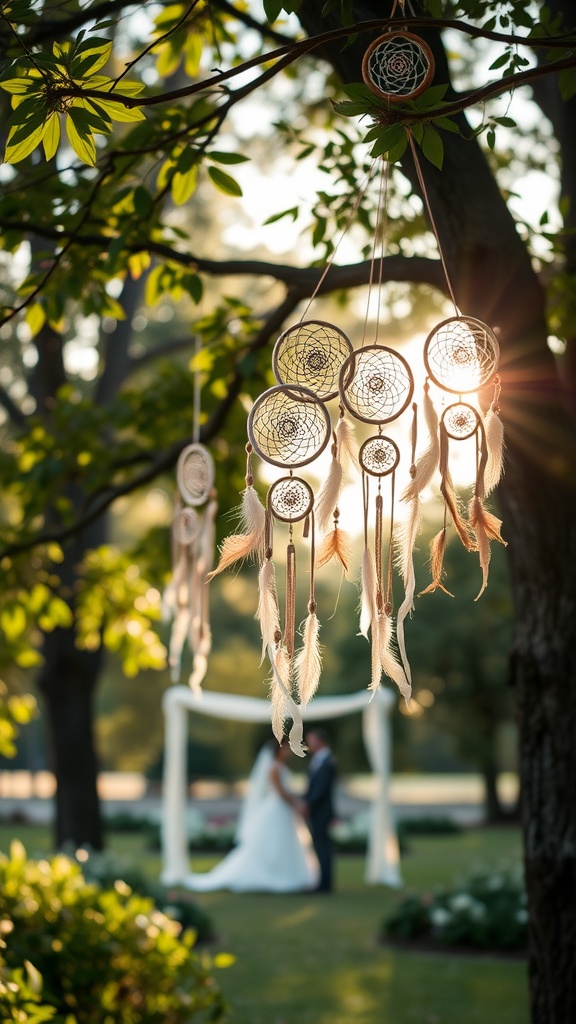 Dreamcatchers hanging in a tree, with a couple exchanging vows in the background