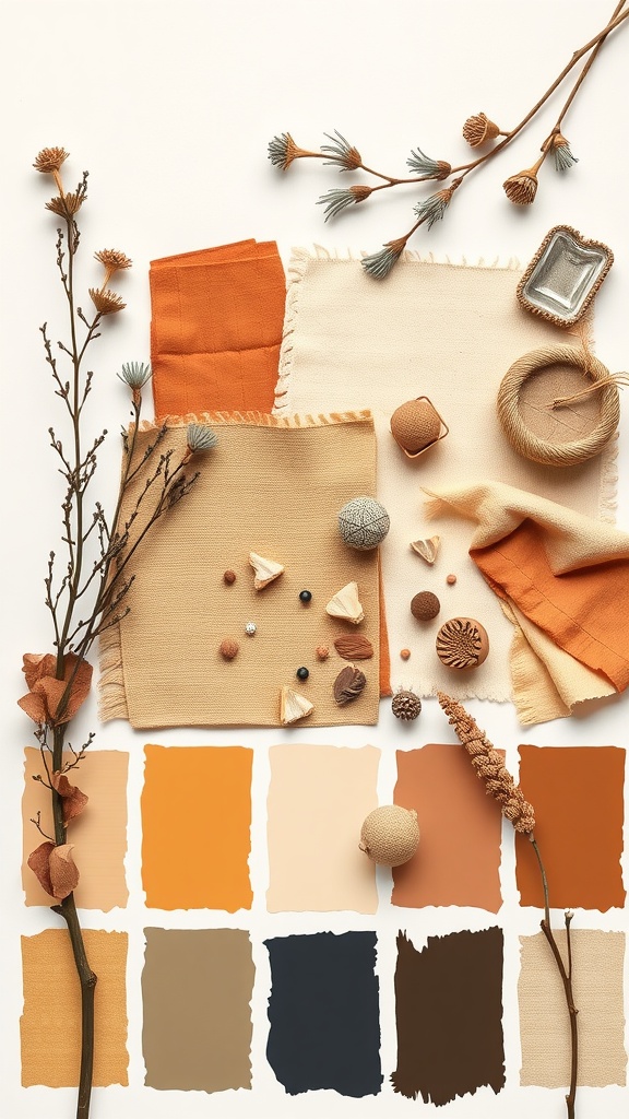 An arrangement of earthy colored fabrics and decorative items showcasing a boho wedding theme.