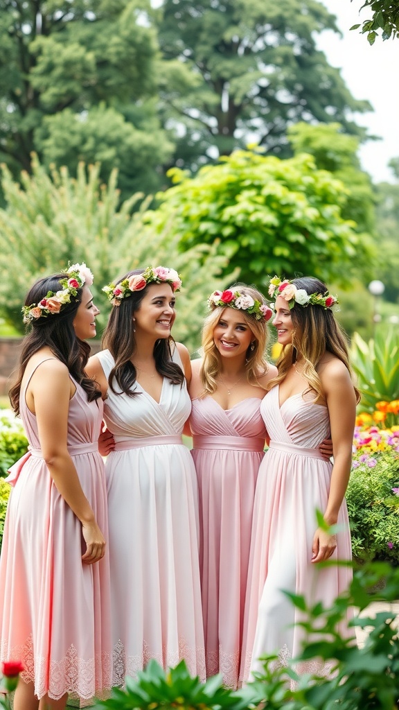 Bridesmaids wearing flower crowns, smiling together in a garden