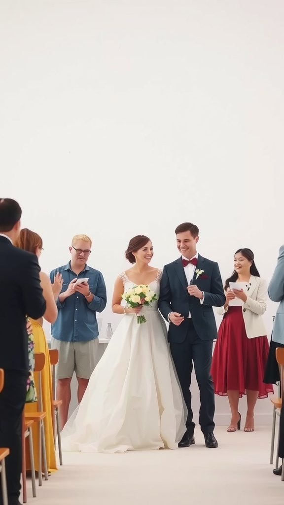 A couple walking down the aisle during their wedding ceremony, surrounded by guests.