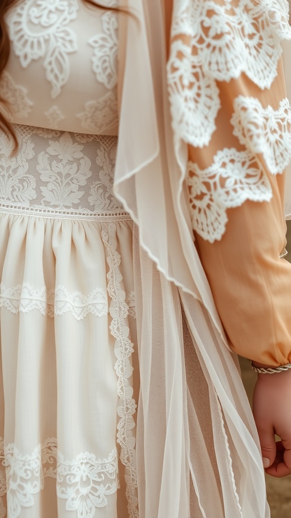 Close-up of a wedding dress with layered textures and lace details, showcasing boho style.