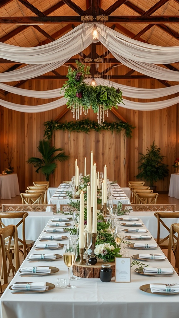 A minimalist wedding decor featuring a long table with greenery, candles, and floral arrangements, complemented by wooden accents.