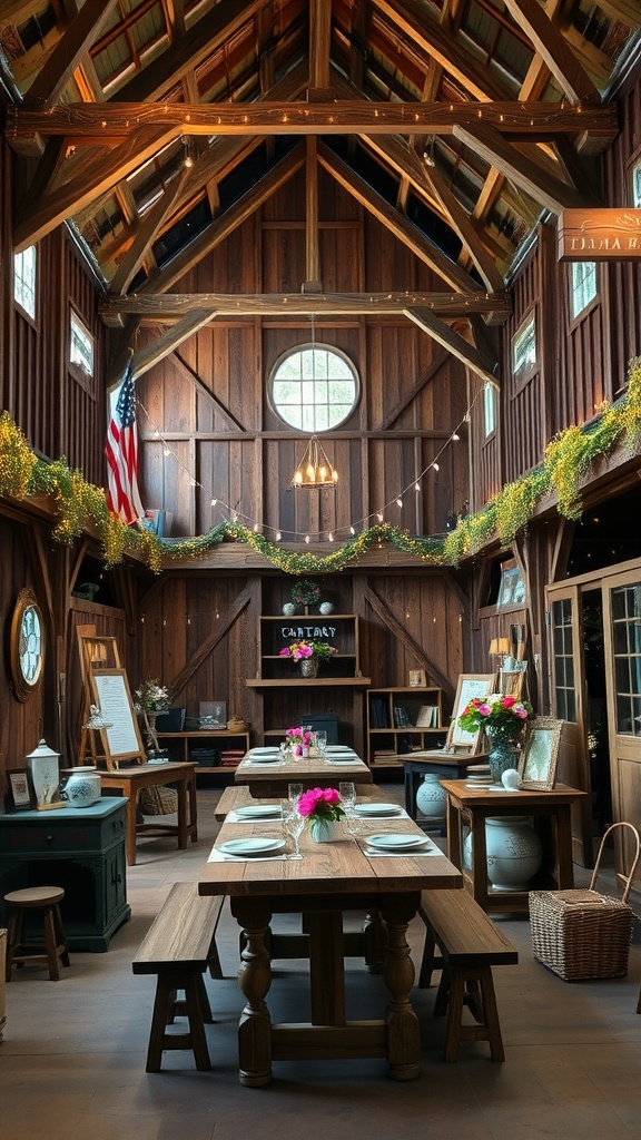 Interior of a rustic barn decorated for a wedding with wooden tables, string lights, and flowers