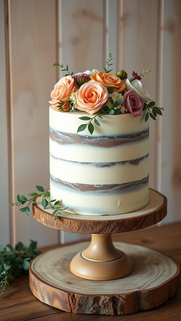Rustic cake with floral decorations on a wooden stand
