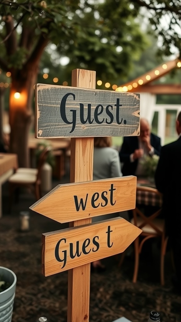Wooden sign directing 'Guest.' with two arrows pointing left and right in a rustic outdoor setting.