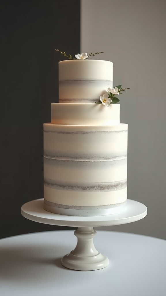 A minimalist three-tier wedding cake with smooth white frosting and delicate grey stripes, decorated with fresh flowers.