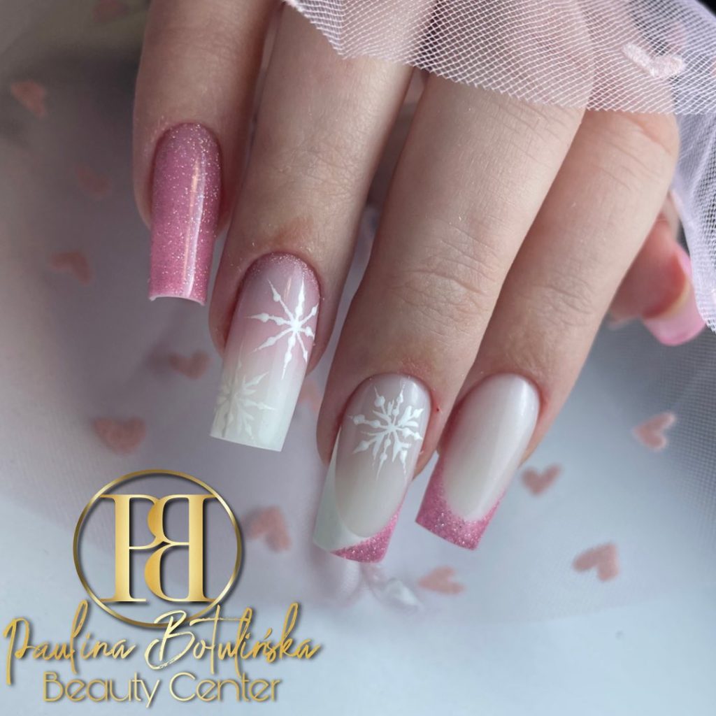 Winter Wonderland white and pink nails