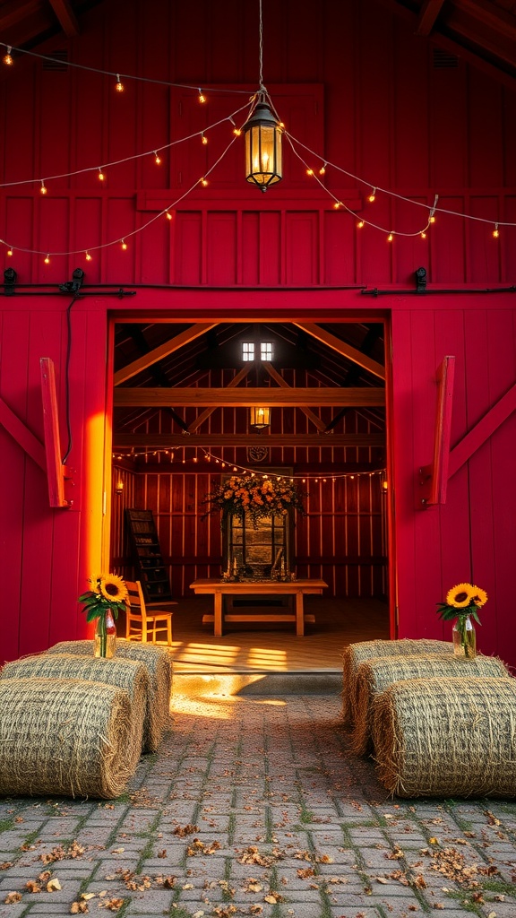 A barn entrance decorated with twinkle lights and hay bales, creating a cozy wedding atmosphere.