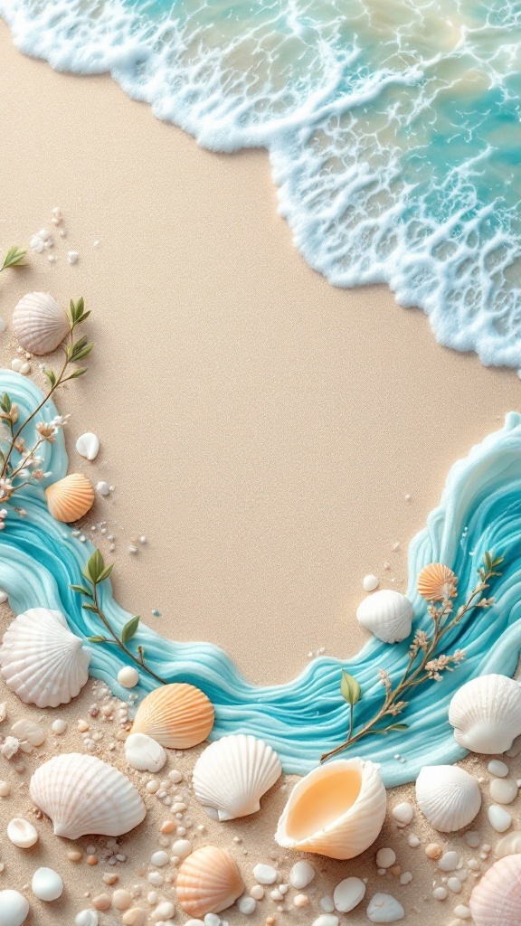 A beach-themed wedding invitation design featuring seashells and gentle waves on the sand.