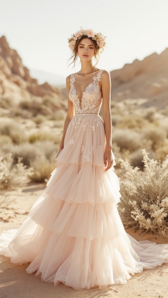 A model wearing a blush-toned boho wedding dress with a floral crown in a desert setting.